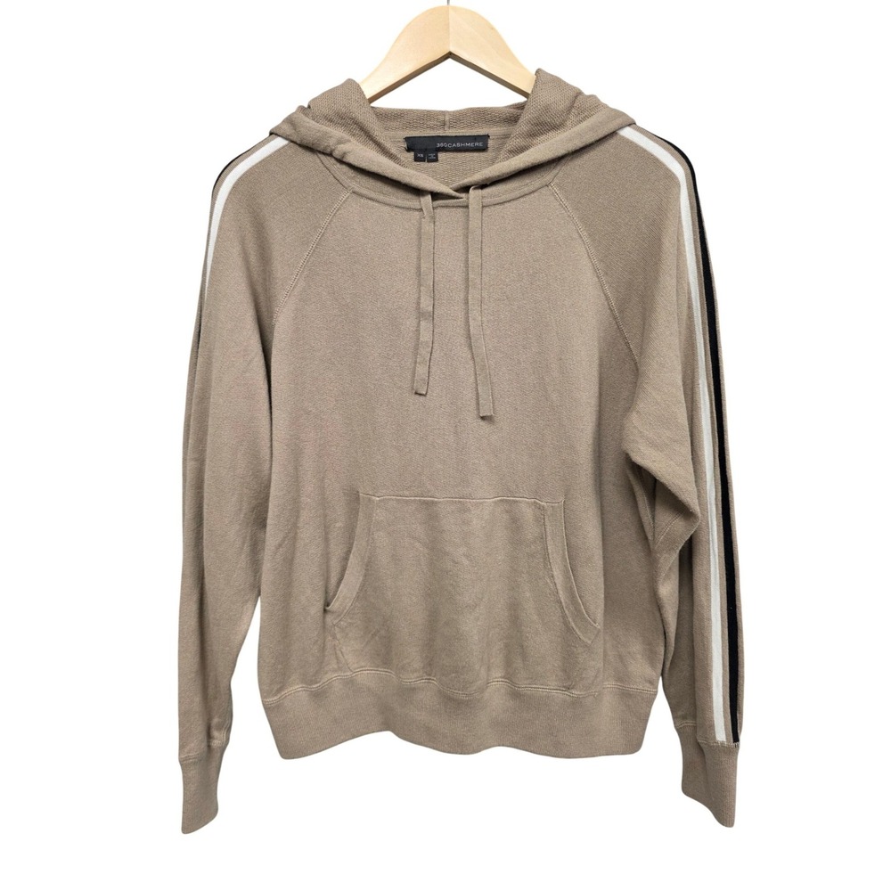 360Cashmere Hoodie Women XS Tan Knit Cashmere Blend Side Stripe Pullover Sweater